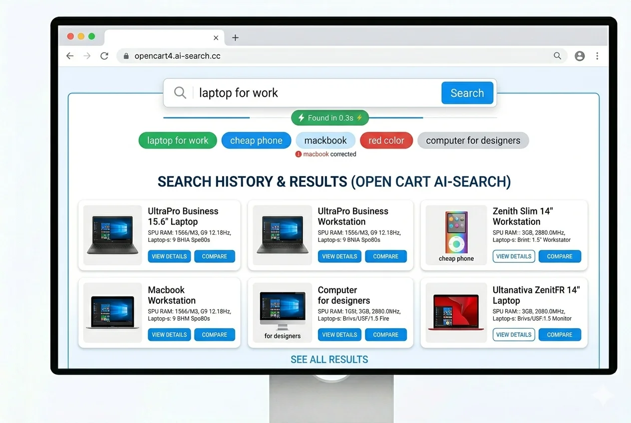 AI Search OpenCart demo store — live semantic search results